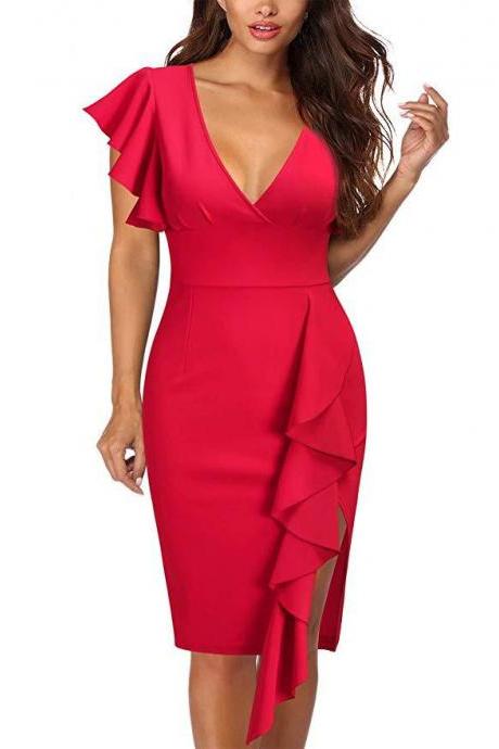 Women Pencil Dress V Neck Ruffles Sleeve Split Slim Bodycon Cocktail Club Party Dress red