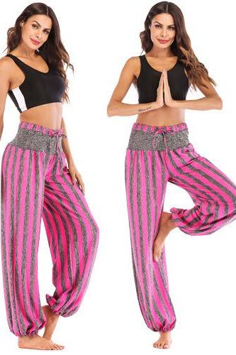 Women Lantern Pants Drawstring High Waist Striped Casual Loose Fitness Sport Yoga Long Harem Trousers deep pink