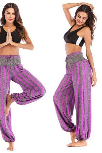 Women Lantern Pants Drawstring High Waist Striped Casual Loose Fitness Sport Yoga Long Harem Trousers purple
