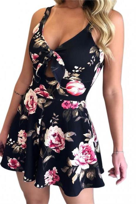 Women Floral Printed Jumpsuit Summer Bow V Neck Sleeveless Casual Loose Shorts Playsuits black