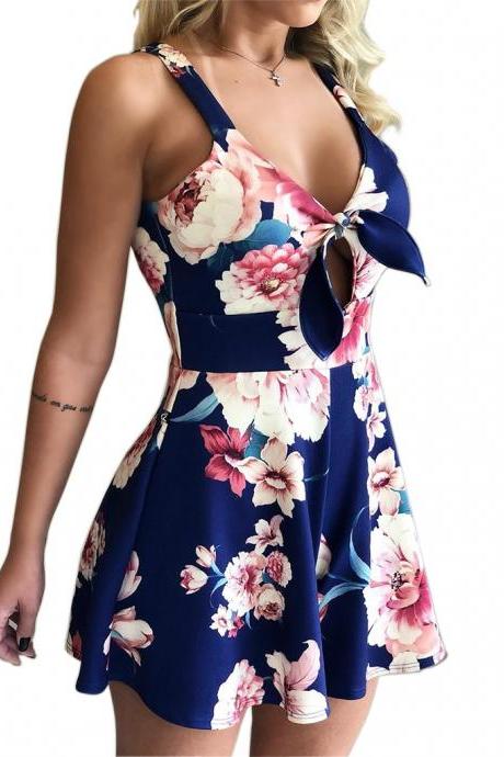 Women Floral Printed Jumpsuit Summer Bow V Neck Sleeveless Casual Loose Shorts Playsuits dark blue