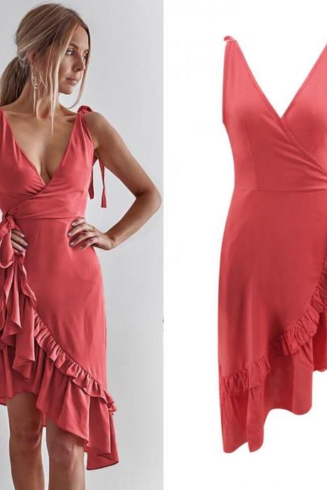 Women Asymmetrical Dress V Neck Sleeveless Summer Casual Ruffled Bodycon Club Party Dress Red As Pic