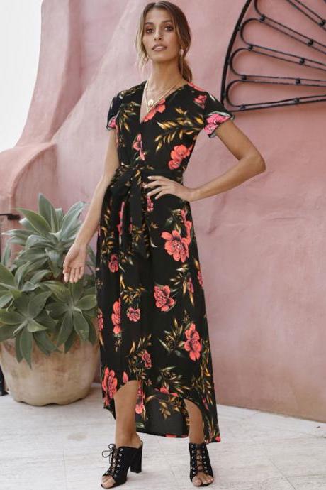  Women Floral Printed Maxi Dress V Neck Short Sleeve Summer Beach Casual Long Asymmetrical Dress 2#