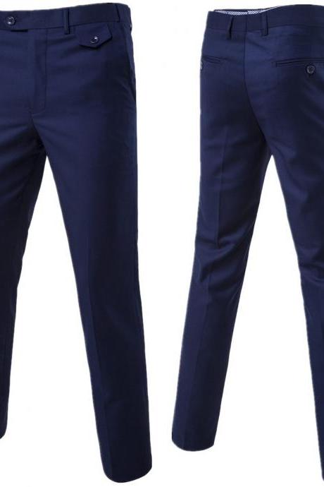  Men Suit Pants Cotton Solid Casual Business Formal Bridegroom Plus Size Wedding Trousers navy blue