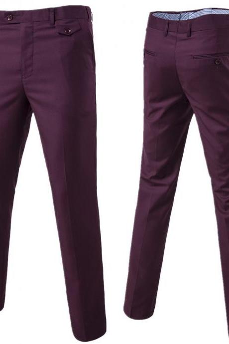 Men Suit Pants Cotton Solid Casual Business Formal Bridegroom Plus Size Wedding Trousers plum