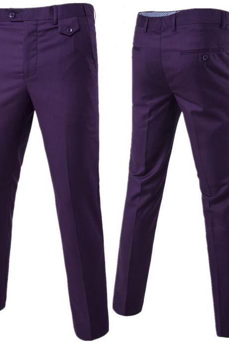 Men Suit Pants Cotton Solid Casual Business Formal Bridegroom Plus Size Wedding Trousers purple