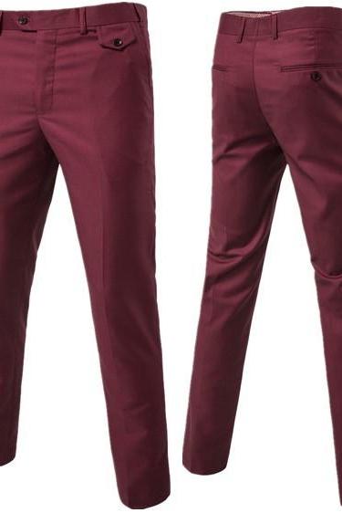 Men Suit Pants Cotton Solid Casual Business Formal Bridegroom Plus Size Wedding Trousers wine red