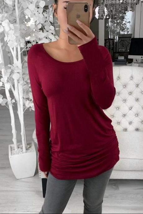 Women Long Sleeve T Shirt O Neck Pleated Casual Loose Pullover Tops wine red