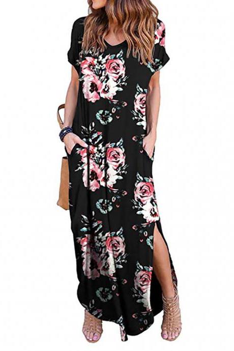  Women Maxi Dress Floral Printed Short Sleeve Casual Asymmetrical Boho Summer Beach Split Long Dress3#