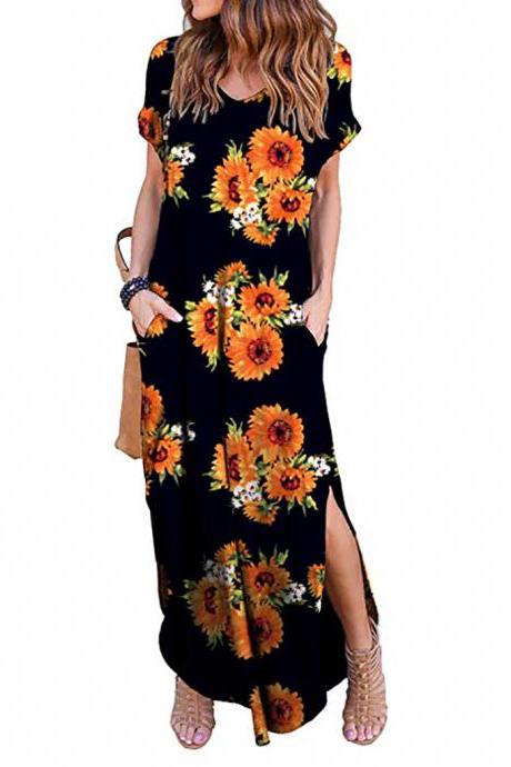 Women Maxi Dress Floral Printed Short Sleeve Casual Asymmetrical Boho Summer Beach Split Long Dress 5#