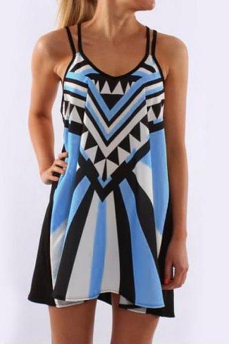 Women Printed Dress Spaghetti Strap Sleeveless Summer Beach Casual Plus Size Mini A Line Sundress blue
