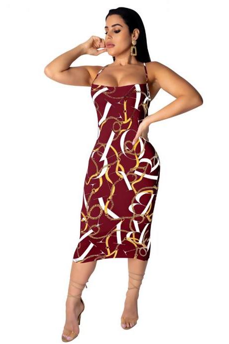 Women Pencil Dress Summer Casual Spaghetti Strap Backless Chain Printed Bodycon Midi Club Party Dress wine red
