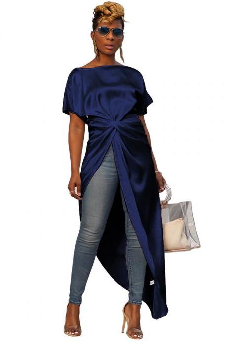 Women Asymmetrical Dress Short Sleeve Streetwear Casual High Low Party Dress navy blue