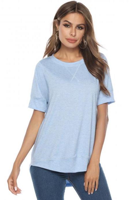 Women Short Sleeve T Shirt Summer Casual Loose Basic High Low Asymmetrical Tops baby blue