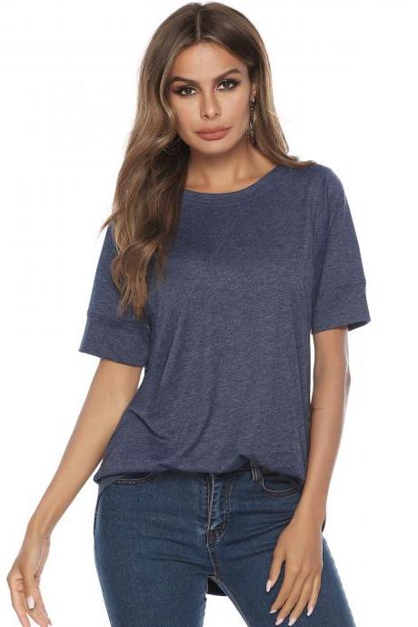  Women Short Sleeve T Shirt Summer Casual Loose Basic High Low Asymmetrical Tops navy blue