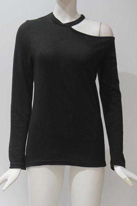 Women Long Sleeve T Shirt One Off Shoulder Solid Casual Slim Tee Tops Black