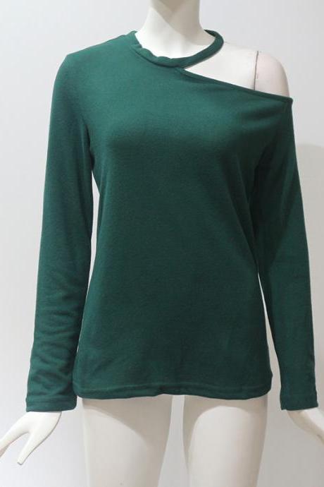  Women Long Sleeve T Shirt One Off Shoulder Solid Casual Slim Tee Tops green