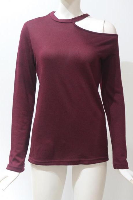 Women Long Sleeve T Shirt One Off Shoulder Solid Casual Slim Tee Tops Wine Red