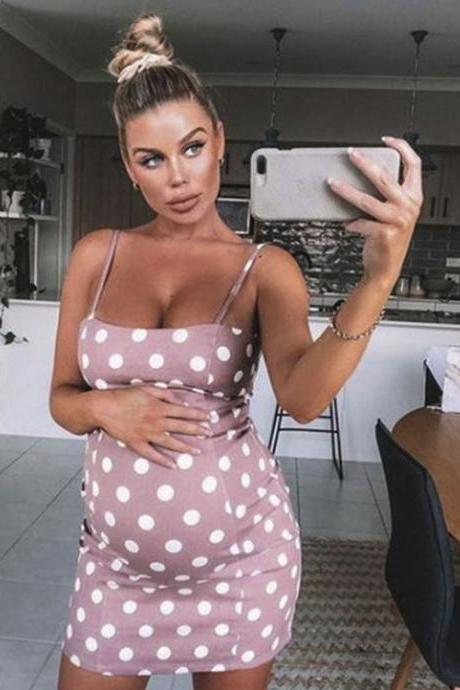 Women Pregnant Dress Maternity Mom Casual Spaghetti Strap Sleeveless Polka Dot Summer Mini Bodycon Sundress Pink