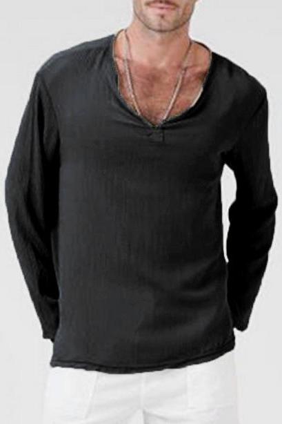 Men Long Sleeve T Shirt Spring Fall V Neck Cotton Linen Casual Loose Pullover Tops black