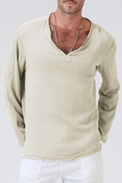 Men Long Sleeve T Shirt Spring Fall V Neck Cotton Linen Casual Loose Pullover Tops khaki