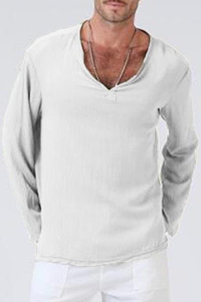 Men Long Sleeve T Shirt Spring Fall V Neck Cotton Linen Casual Loose Pullover Tops off white
