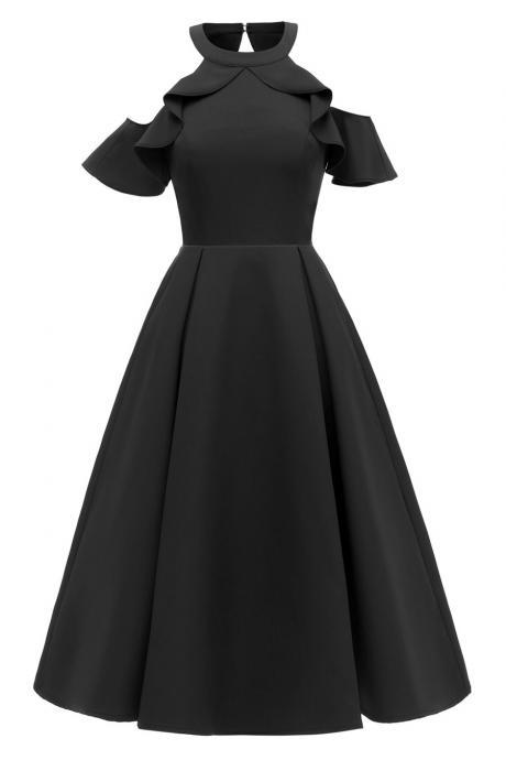  Women Casual Dress Halter Ruffle Sleeve Cold Shoulder Slim A Line Formal Party Dress black