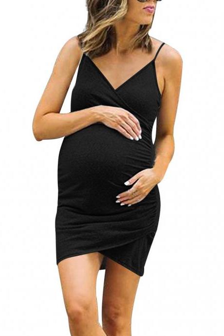 Women Maternity Dress Spaghetti Strap Plus Size Asymmetrical Pregnant Bodycon Mini Mum Dress Black