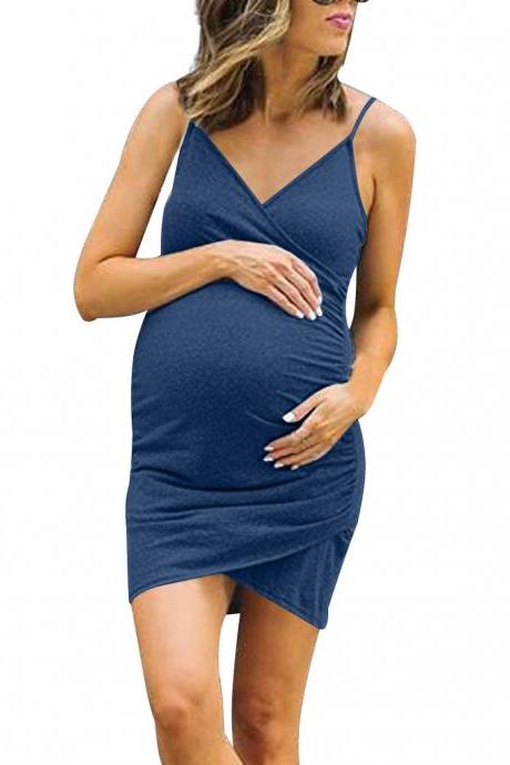 Women Maternity Dress Spaghetti Strap Plus Size Asymmetrical Pregnant Bodycon Mini Mum Dress navy blue