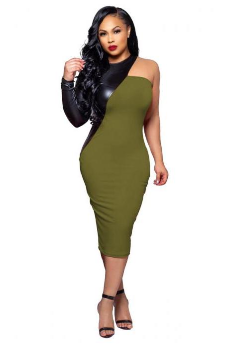  Women Pencil Dress PU Leather Patchwork One Shoulder Long Sleeve Bodycon Midi Club Party Dress army green