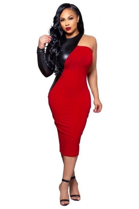 Women Pencil Dress Pu Leather Patchwork One Shoulder Long Sleeve Bodycon Midi Club Party Dress Red