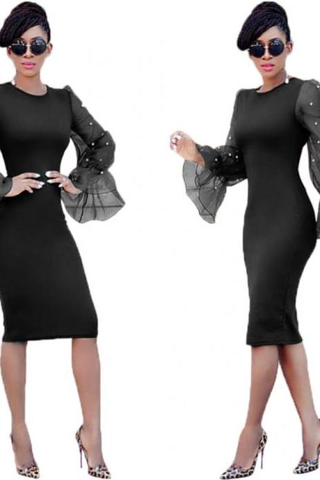  Women Pencil Dress Long Flare Sleeve Work Office Knee Length Slim Bodycon Party Dress 