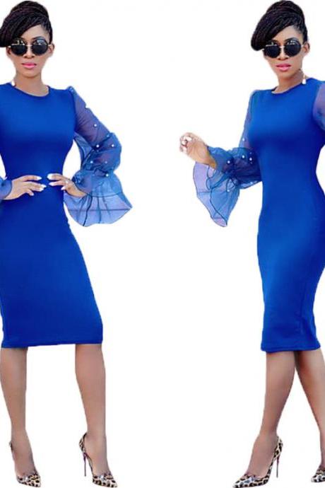Women Pencil Dress Long Flare Sleeve Work Office Knee Length Slim Bodycon Party Dress royal blue
