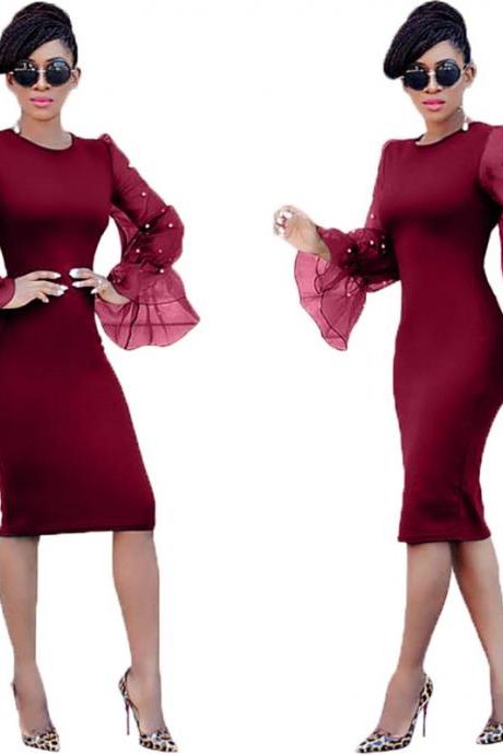 Women Pencil Dress Long Flare Sleeve Work Office Knee Length Slim Bodycon Party Dress wine red