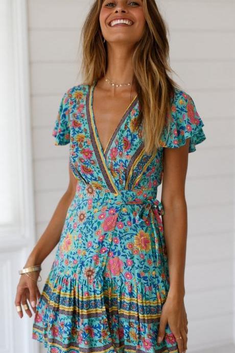  Women Floral Printed Dress Ruffle Wrap Short Sleeve V Neck Casual Summer Beach Boho Mini Sundress 4#
