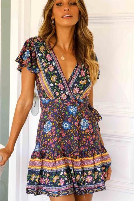  Women Floral Printed Dress Ruffle Wrap Short Sleeve V Neck Casual Summer Beach Boho Mini Sundress 5#