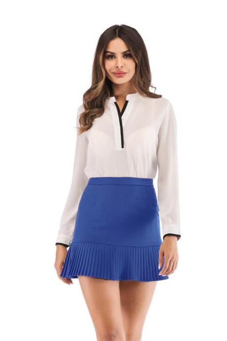 Women Mini Pleated Skirt Summer High Waist Slim Students Package Hip Pencil Skirt royal blue