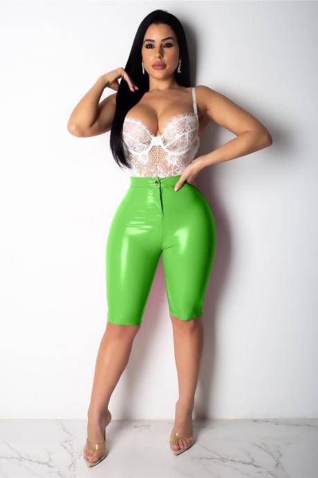  Women Faux PU Leather Pants Elastic High Waist Knee Length Club Skinny Trousers lime green