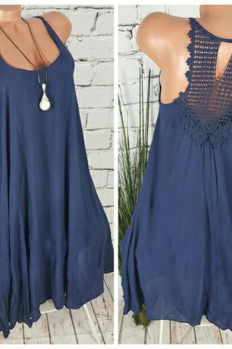 Women Casual Dress Summer Sleeveless Spaghetti Strap Crochet Lace Loose Plus Size Mini Dress Navy Blue