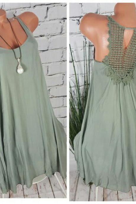 Women Casual Dress Summer Sleeveless Spaghetti Strap Crochet Lace Loose Plus Size Mini Dress Sage