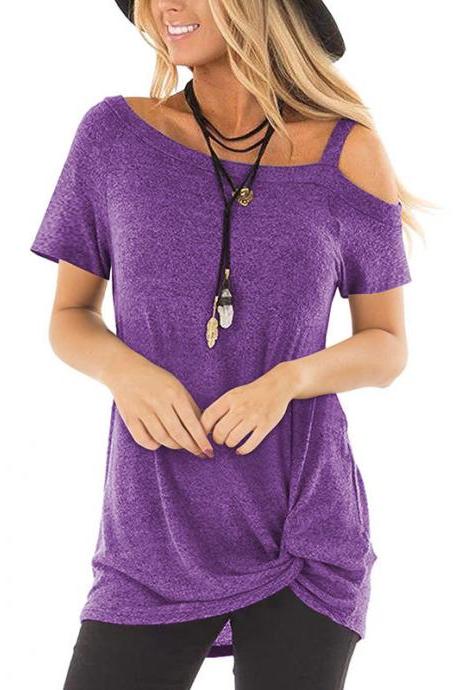 Women T-shirt Summer Short Sleeve Off Shoulder Causal Plus Size Tee Tops Purple