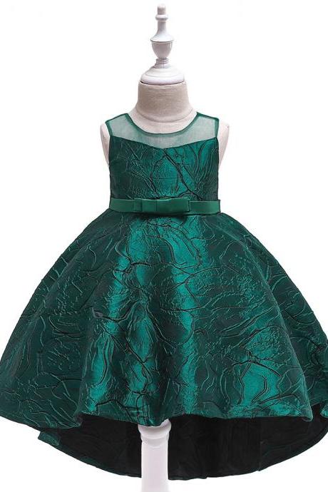 Jacquard Flower Girl Dress Princess High Low Birthday Formal Party Gown Kids Children Clothes hunter green