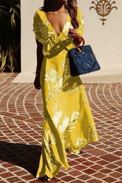 Women Maxi Dress Short Sleeve V Neck Floral Printed Summer Boho Beach Long Dress yellow