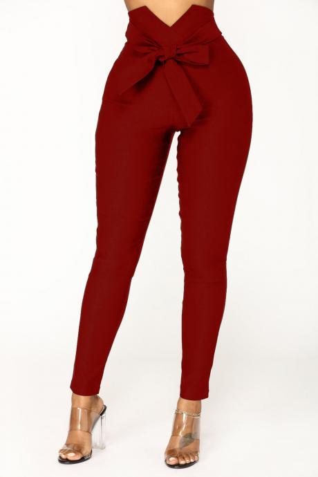 Women Pencil Pants Elastic High Waist Bowknot Casual Long Slim Skinny Trousers wine red