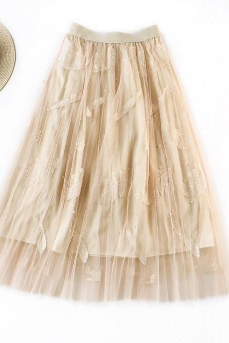 Women Tulle Skirt Summer High Waist Embroidery Feather A Line Casual Midi Pleated Skirt Apricot