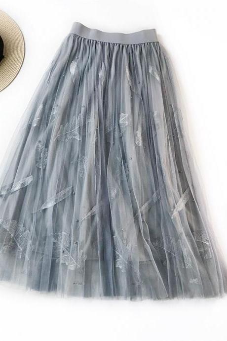 Women Tulle Skirt Summer High Waist Embroidery Feather A Line Casual Midi Pleated Skirt gray