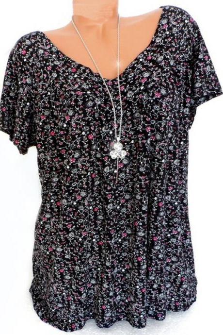 Women Floral Printed T Shirt Summer V Neck Short Sleeve Casual Loose Plus Size Tee Tops Black