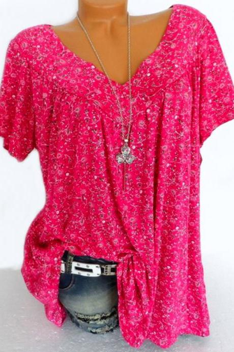 Women Floral Printed T Shirt Summer V Neck Short Sleeve Casual Loose Plus Size Tee Tops Hot Pink