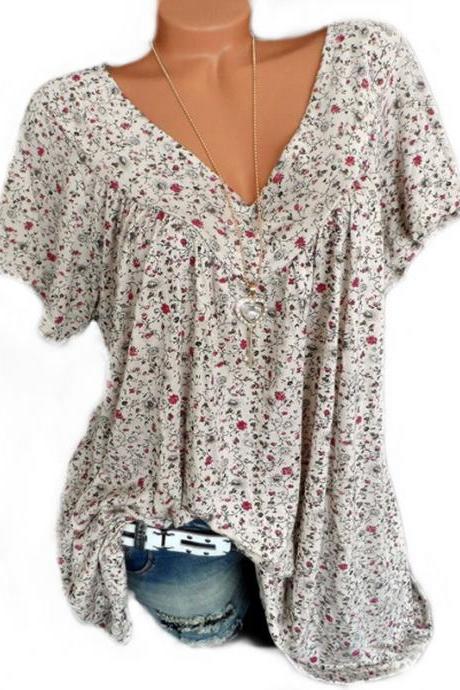 Women Floral Printed T Shirt Summer V Neck Short Sleeve Casual Loose Plus Size Tee Tops Ivory