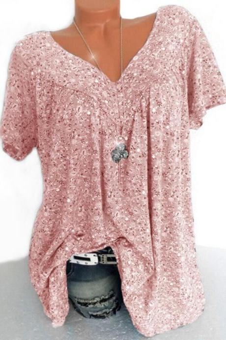 Women Floral Printed T Shirt Summer V Neck Short Sleeve Casual Loose Plus Size Tee Tops Pink